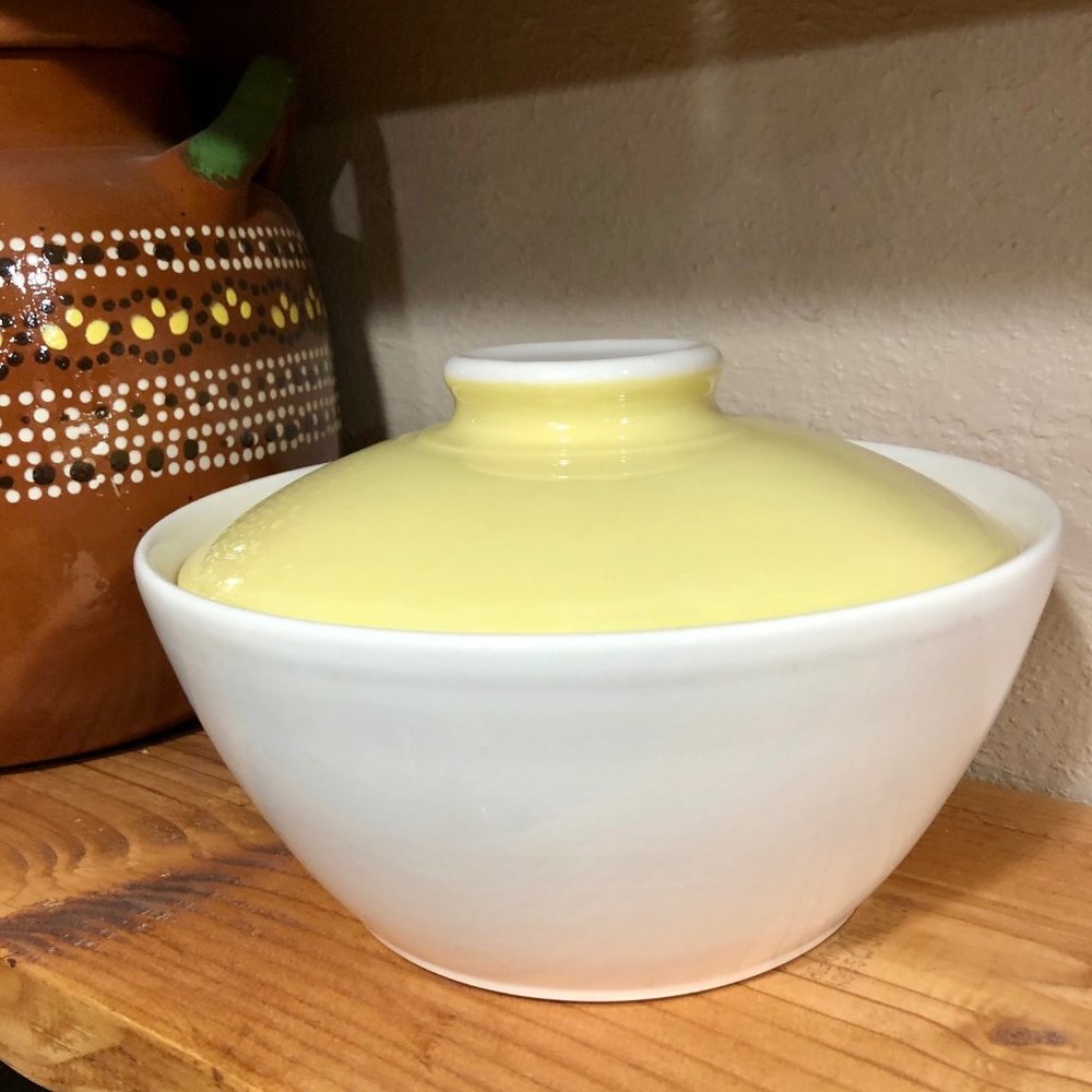 Vintage retro pale yellow and white serving dish
